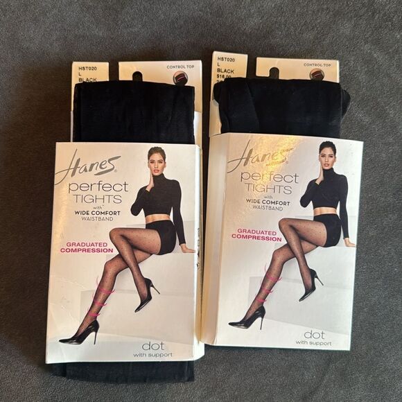 Hanes Perfect Tights ControlTop Graduated Compression Black Dot Size L x2 Pairs - Picture 1 of 4